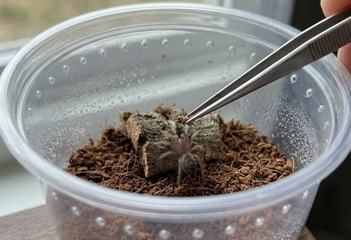 tarantula sling setup showing appropriately sized prey using a pair of tongs