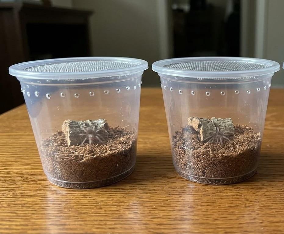 Tarantula sling setup showing a lineup of minimal deli cup enclosures