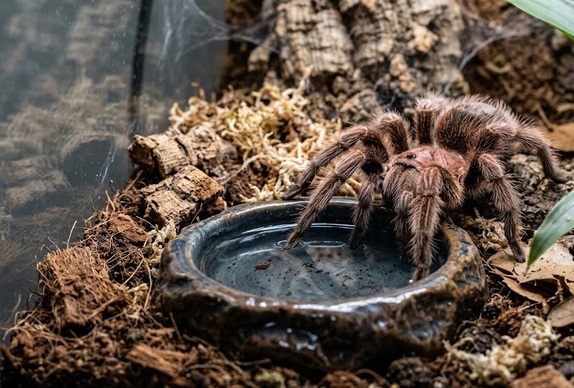 providing hydration to tarantula in water dish- Tarantula Water Dish vs Misting debate